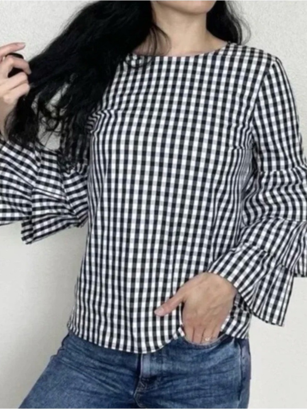 Gingham Lafayette 148 NY Bell Sleeve Ruffle Cotton Poplin Cottage Coastal Preppy